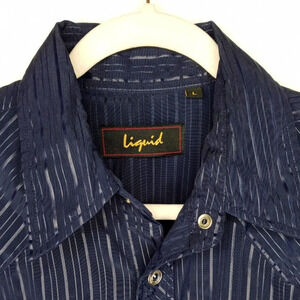 Liquid Rich Navy Blue Stripped Western Rhinestone Snaps Long Sleeve Shirt - L